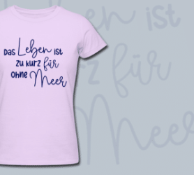 a flieder shirt with blue writing on it